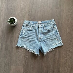 Agolde Blue "Parker Long" Jean Shorts Distressed Cut-Off Hem